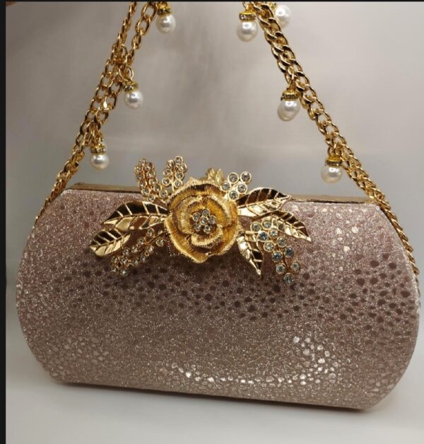 Elegant Bridal Clutch with Pearl Chain & Floral Motif - Image 3