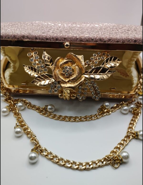 Elegant Bridal Clutch with Pearl Chain & Floral Motif - Image 2