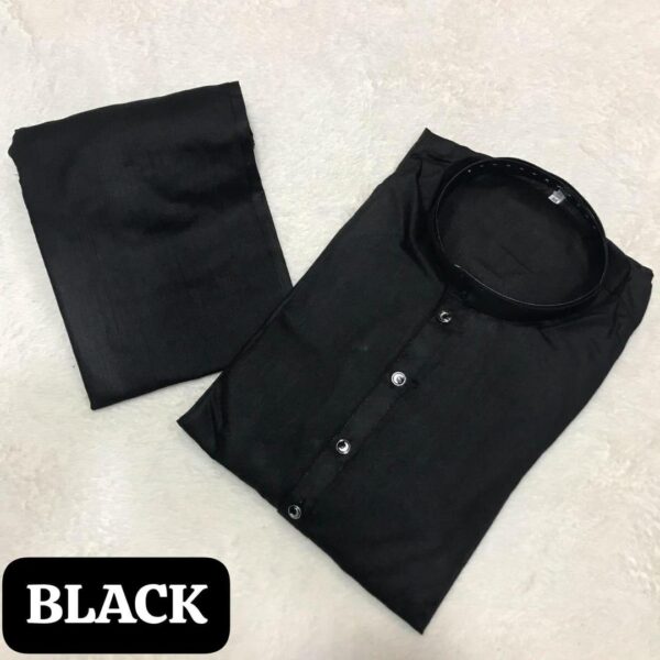 Men's 2 Pcs Kurta Pajama Set - Stylish Plain Black Wash And Wear - Image 3